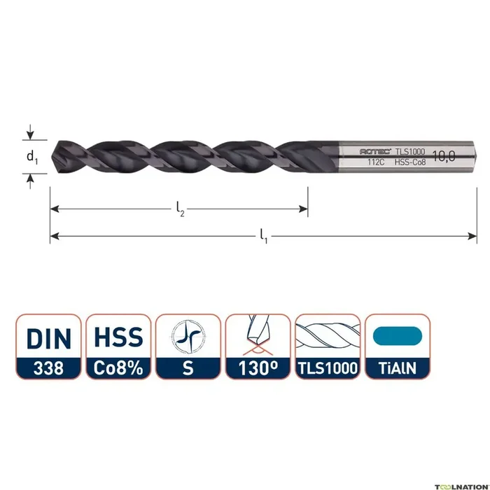 Rotec 112.0540C Foret hélicoïdal HSS-E, DIN338, type TLS1000, TiAlN, Ø5,4