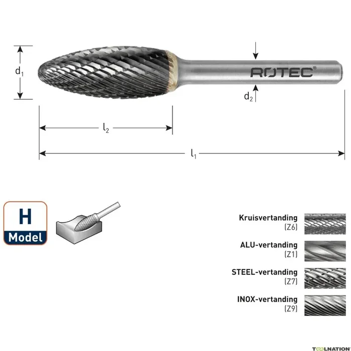 Rotec 437.1001 Fraise en carbure de tungstène 9,6 mm modèle H